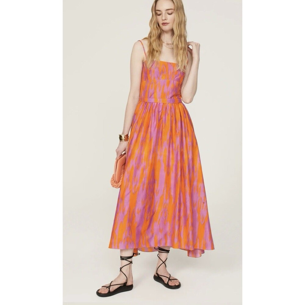 Maria Cher Tartagal Maive Silk Midi Dress L Orange Purple Print